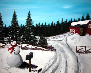 snowman winter farm country acrylic painting landscape Christmas