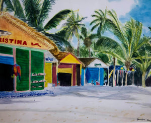 beachside market mercado la playa watercolor painting landscape fine art print