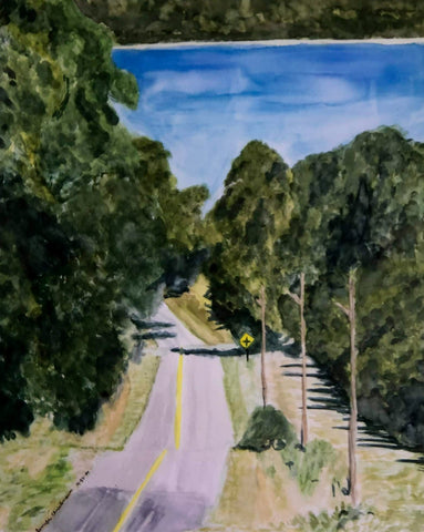 country road forest lake watercolor painting landscape