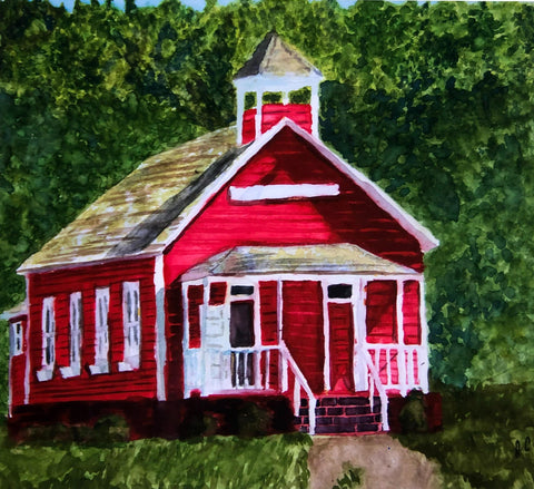 fine art print red schoolhouse watercolor painting landscape QalaQriti